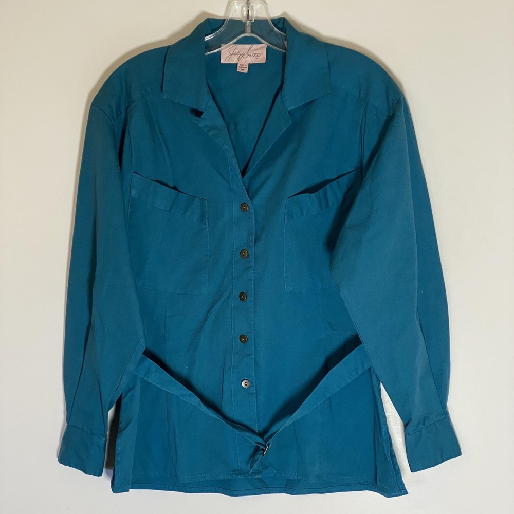 Vintage Jaclyn Smith Top Womens 10 Blue Belted Button Front Long Sleeve 80s
